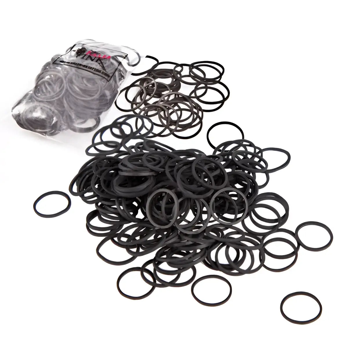 txt
Schwarze Tattoo-Gummibänder lose und in transparenter Kunststoffverpackung für killer ink, 100er-Pack