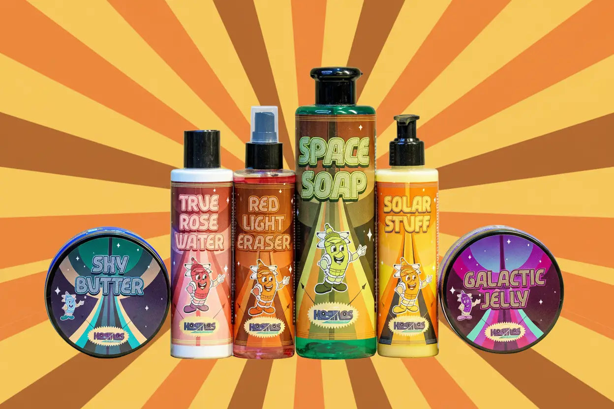 The kosmos full product set features colorful cartoon-themed hesstles bath and body skincare items with playful labels