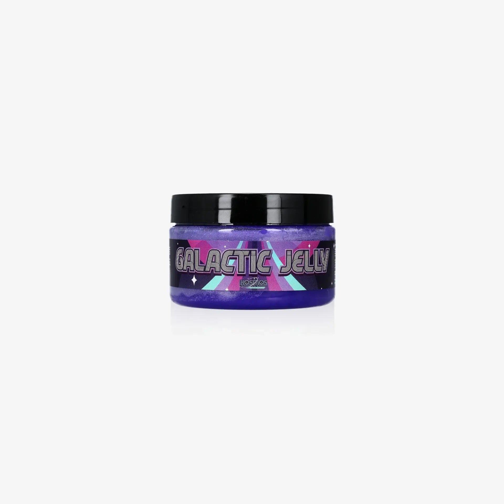 Kosmos galactic jelly purple glittery jelly in a clear plastic jar with black lid and colorful label