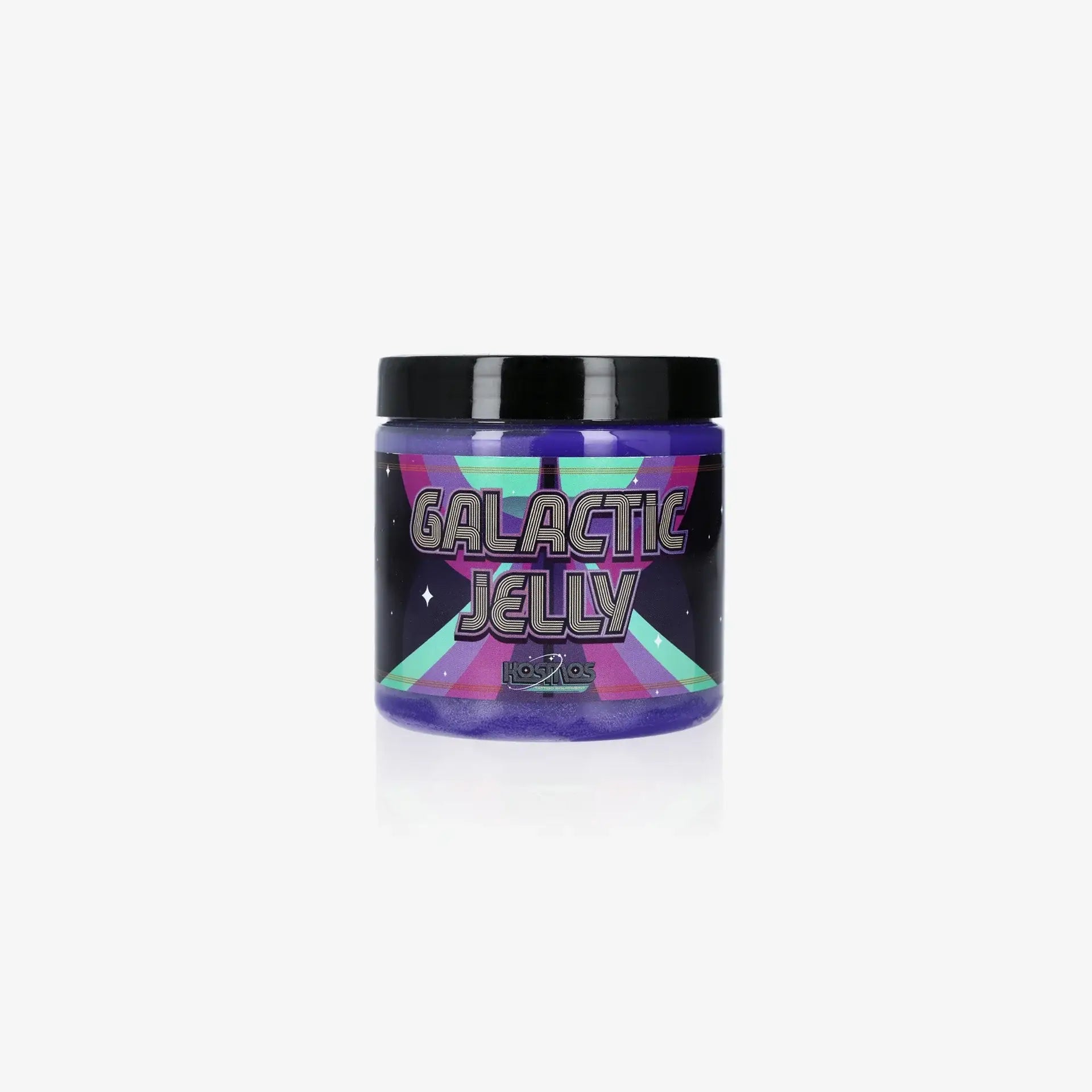 A vibrant purple galactic jelly in a clear plastic jar with a black lid and colorful cosmic-themed label