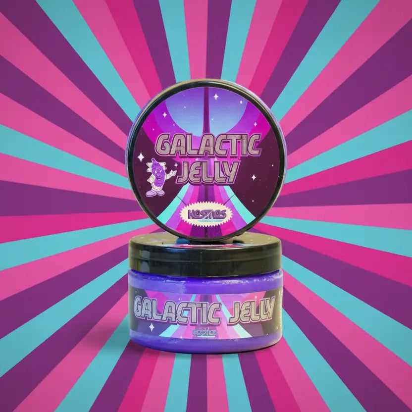 Kosmos galactic jelly purple gel in a round jar with black lid and vibrant pink teal radial background