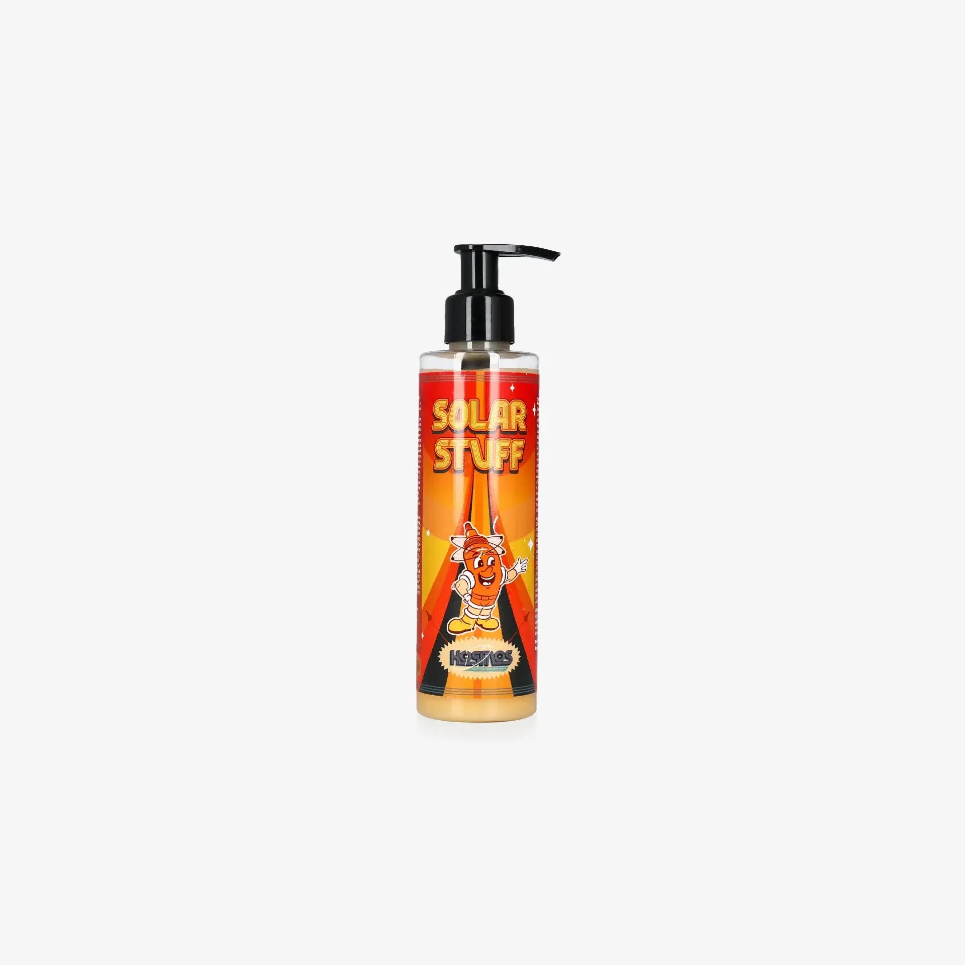 A clear plastic pump bottle of Kosmos solar stuff with a bright orange label and cartoon character for skincare use
