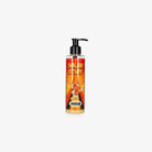 A clear plastic pump bottle of Kosmos solar stuff with a bright orange label and cartoon character for skincare use