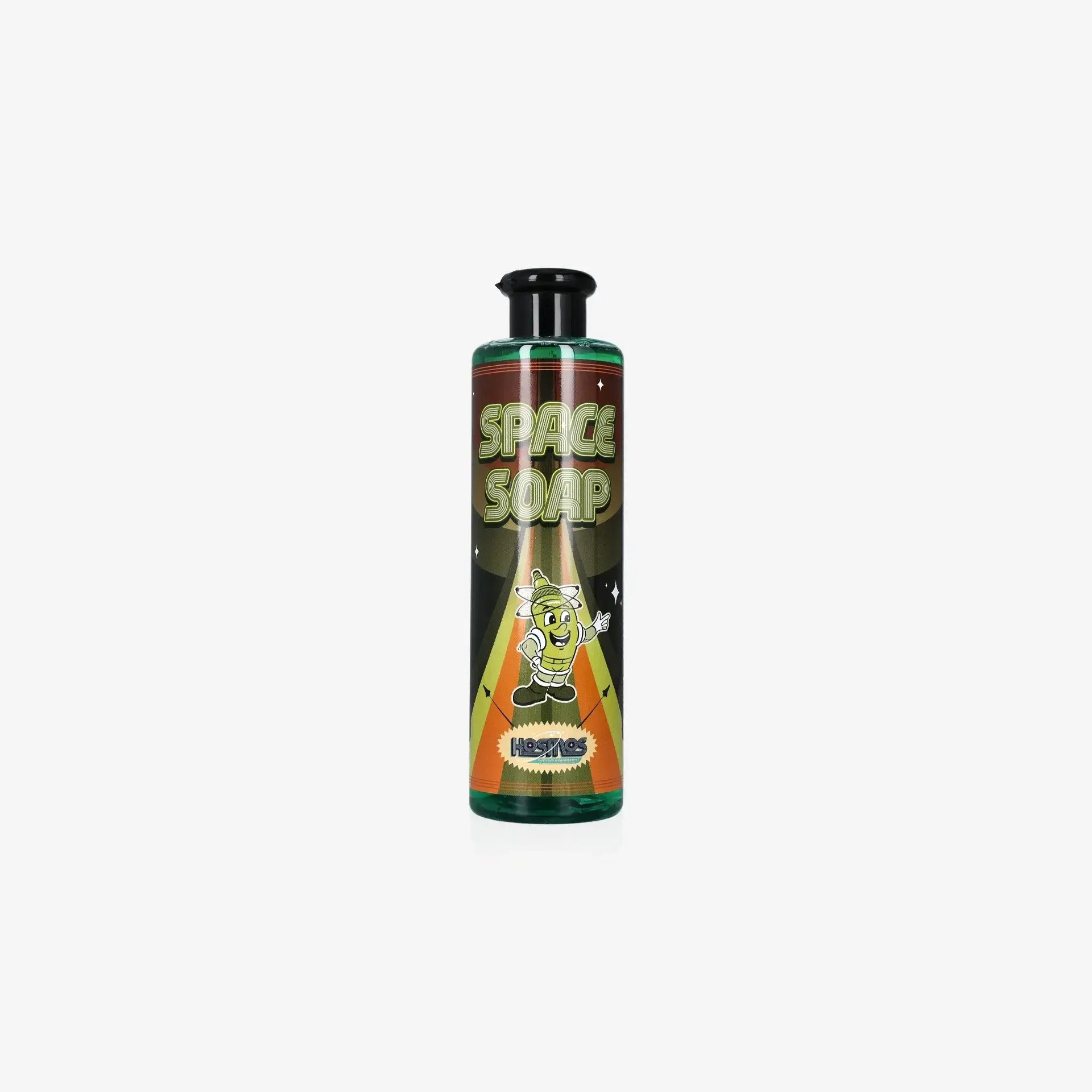 Green translucent space soap bottle kosmos with cartoon astronaut and black cap for cleaning use