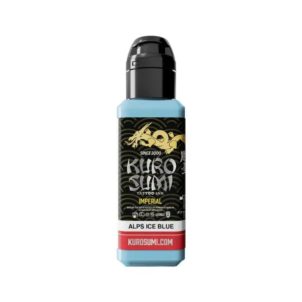 A sleek light blue bottle of kuro sumi imperial tattoo ink in the alps ice blue shade for professional tattooing