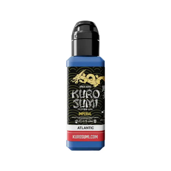 Blue kuro sumi imperial tattoo ink bottle with black cap and gold dragon logo labeled atlantic color