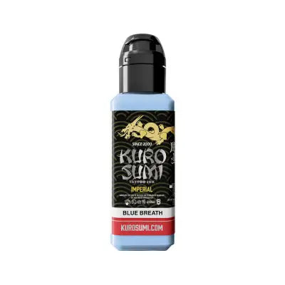 Kuro sumi imperial tattoo ink bottle in light blue with black cap and gold dragon logo for tattooing use