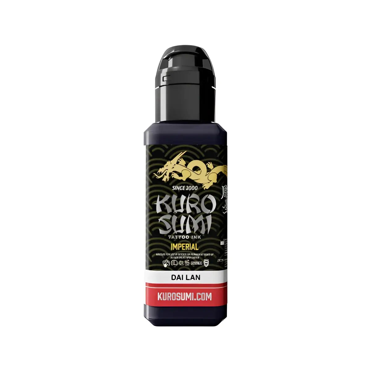 Schwarze Plastikflasche mit kuro sumi imperial tattoo Farben in Dai-Lan-Farbe, Gold-Drache-Logo und rotem Etikett
