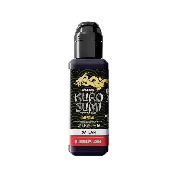 Black plastic bottle of kuro sumi imperial tattoo ink in dai lan color with gold dragon logo and red label