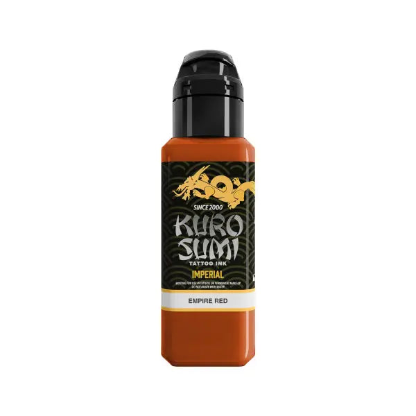 Kuro sumi imperial tattoo ink empire red in a sleek black-topped bottle with dark green label and gold dragon logo