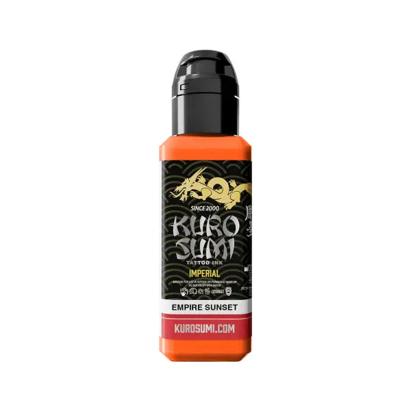 Orange kuro sumi tattoo ink bottle with black cap and gold dragon logo on dark label in empire sunset color