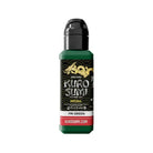 A sleek green bottle of kuro sumi imperial tattoo ink fir green with a black cap and gold dragon logo on the label