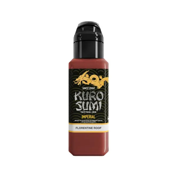 Kuro sumi imperial tattoo ink in a matte red bottle with black cap and gold dragon logo for florentine roof design