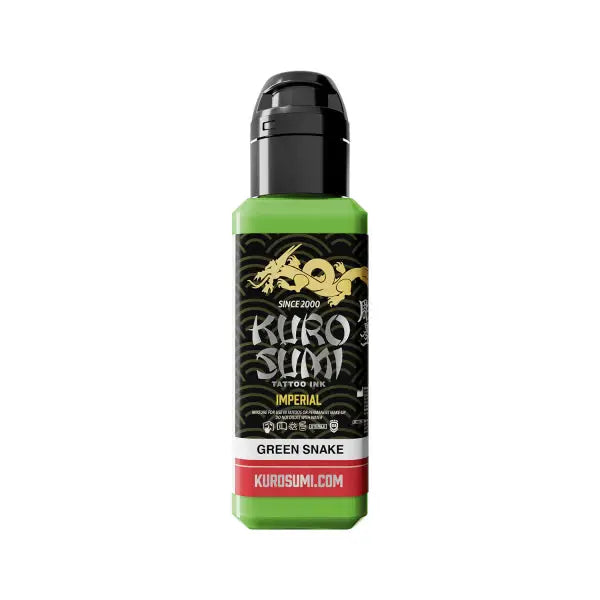 Kurosumi imperial tattoo ink green snake in a translucent green bottle with black cap and gold dragon logo