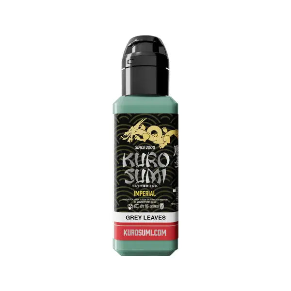 Kuro sumi imperial tattoo ink in grey leaves color in a sleek green bottle with black cap and gold dragon logo