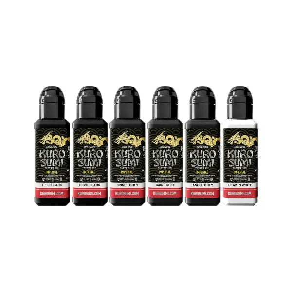 Set of six kuro sumi imperial tattoo ink bottles in black white with gold dragon logos for greywash shading