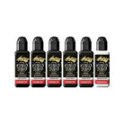 Set aus sechs kuro sumi imperial Tattoo-Farbenflaschen in Schwarz und Weiß mit goldenen Drachen-Logos für Greywash-Schattierungen