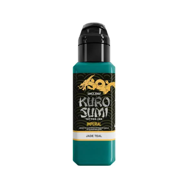 Kuro Sumi imperial tattoo ink jade teal in a sleek translucent green bottle with black cap and gold dragon logo