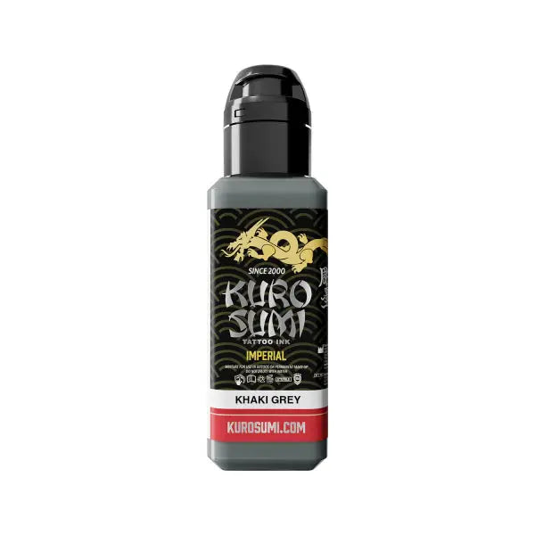 Kuro sumi imperial tattoo ink in khaki grey in a sleek black bottle with gold dragon logo and red branding
