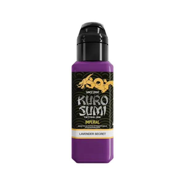 Kuro sumi imperial tattoo ink bottle in purple lavender secret with black cap and gold dragon logo on label