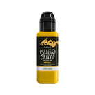 A vibrant yellow kuro sumi imperial tattoo ink bottle with black cap and gold dragon label for loyal gold design