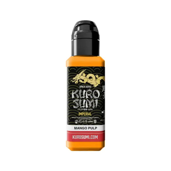Kurosumi imperial tattoo ink mango pulp in an orange pigment bottle with black top and gold dragon branding