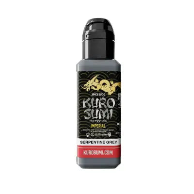 Kuro sumi imperial tattoo ink bottle in serpentine grey with black cap and gold dragon label on dark background