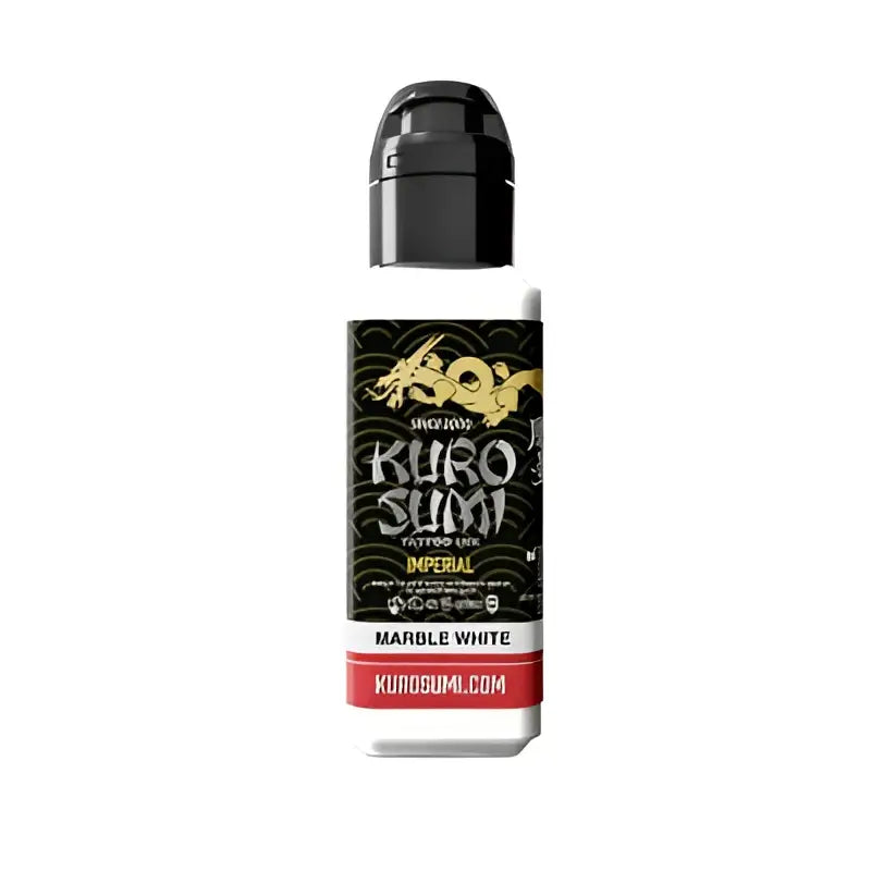 Kuro sumi Imperial Tattoo-Farben-Flasche in infernalem Marmorweiß mit schwarzem Deckel und goldenem Drachenlogo auf dunklem Etikett