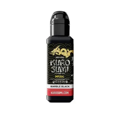 Black plastic bottle of kuro sumi imperial tattoo ink featuring gold dragon logo labeled marble black color