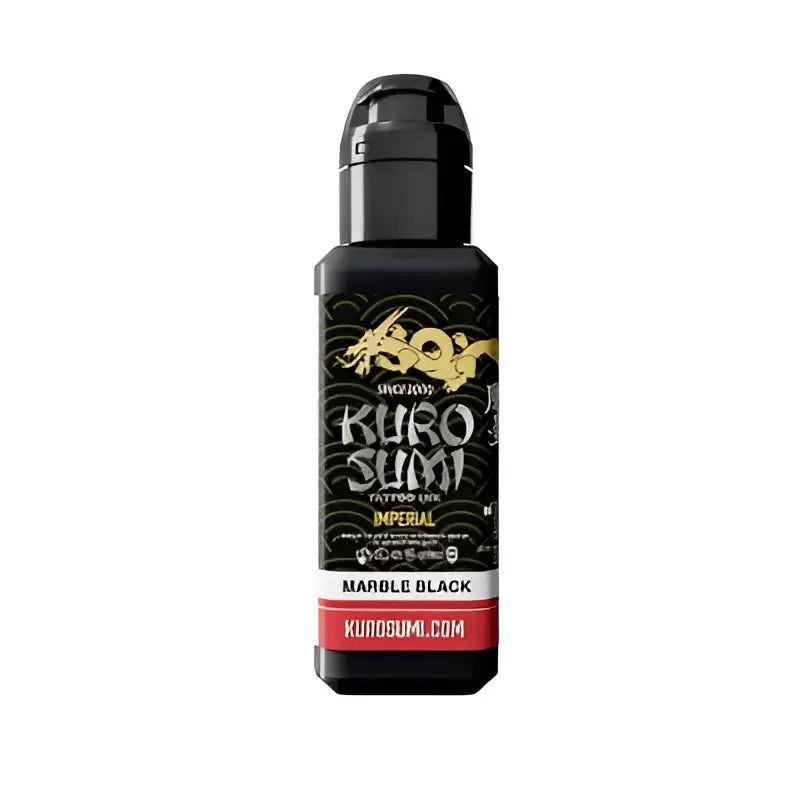 Schwarze Kunststoffflasche mit kuro sumi imperial tattoo Farben und goldenem Drachenlogo, etikettiert in Marmor-Schwarz.