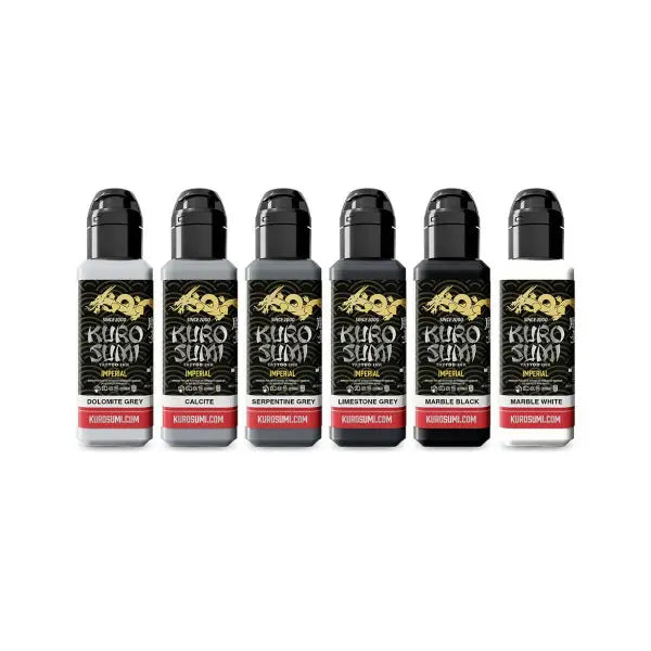 Set of six kuro sumi imperial tattoo ink bottles in marble stone colors including grey black and white 44 ml each