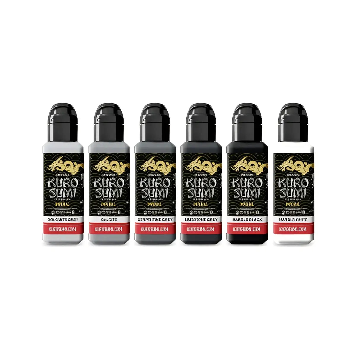 Set aus sechs kuro sumi imperial Tattoo-Farben in Marmorsteinfarben, inklusive Grau, Schwarz und Weiß, je 44 ml