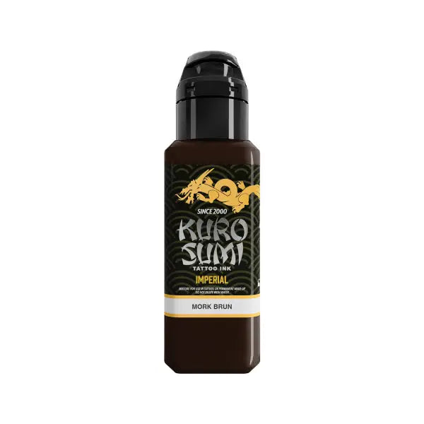 Kuro sumi imperial tattoo ink in mork brun dark brown liquid in black bottle with gold dragon logo and white lettering label