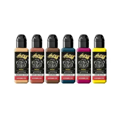Six kuro sumi imperial tattoo ink bottles in a row with black caps and gold dragon logo labels in anime set