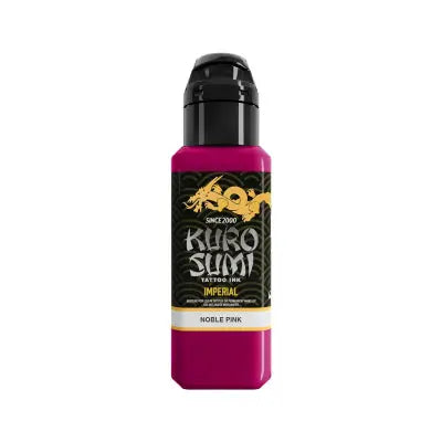 A vibrant magenta bottle of kuro sumi imperial tattoo ink noble pink with black cap and gold dragon logo on the label