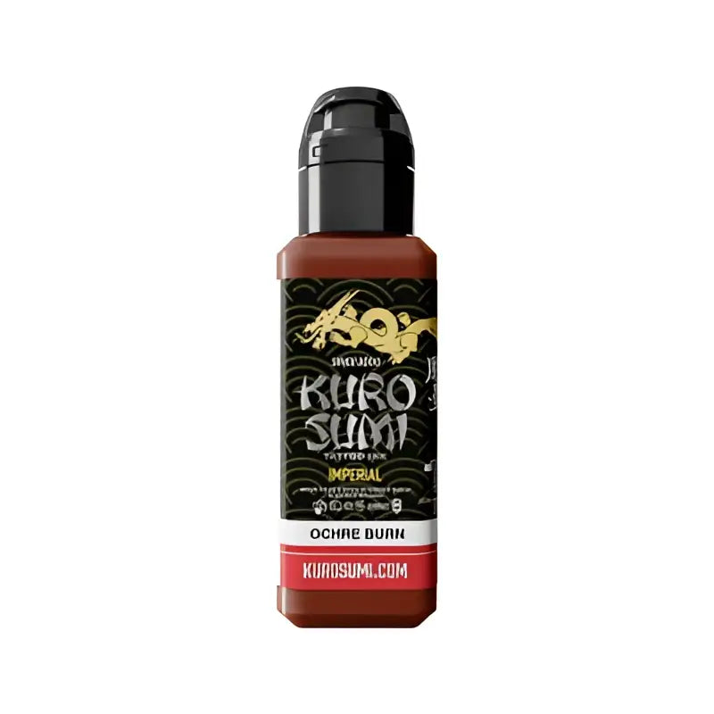 Kuro Sumi Imperial Tattoo-Farben Ochre Burn in einer eleganten schwarzen Flasche mit goldener Drachenmarke und rotem Etikett