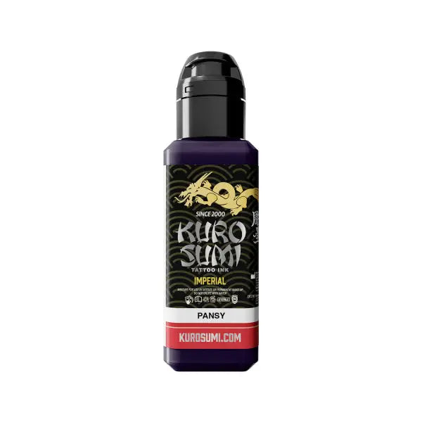 Purple kuro sumi imperial tattoo ink bottle with black cap and gold dragon design labeled pansy color
