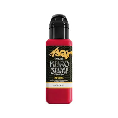 A vibrant red kuro sumi imperial tattoo ink bottle with a black cap and gold dragon logo on the label