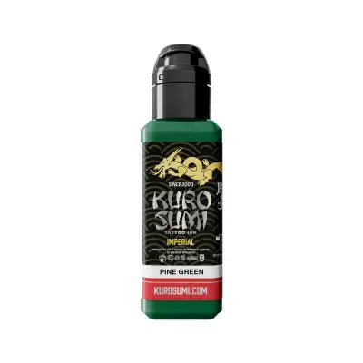 Kurosumi imperial tattoo ink pine green in a sleek translucent bottle with black cap and gold dragon logo