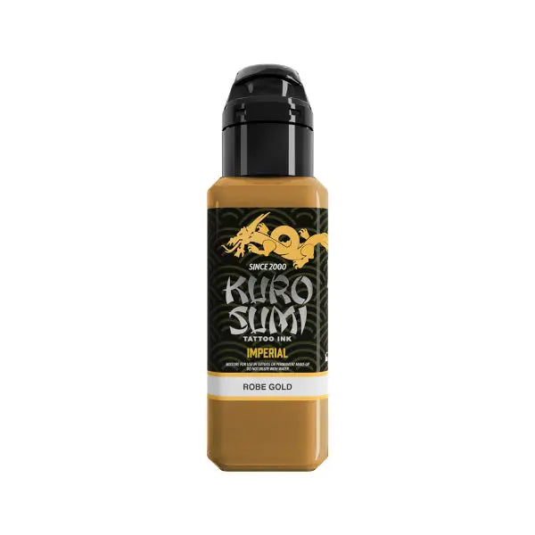 A sleek amber-colored bottle of kuro sumi imperial tattoo ink in the shade robe gold v2 for professional tattooing