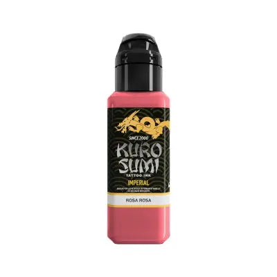 A vibrant pink kuro sumi imperial tattoo ink bottle with black cap and gold dragon logo on label rosa rosa color