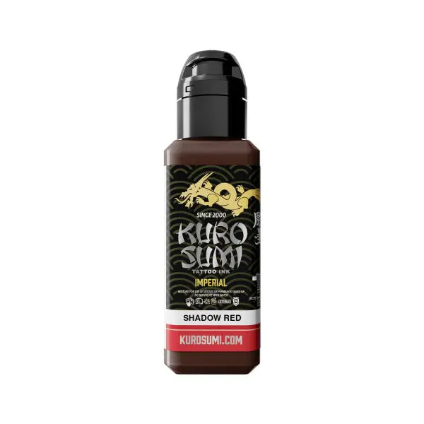 Kuro sumi imperial tattoo ink in shadow red color in a sleek black bottle with gold dragon branding