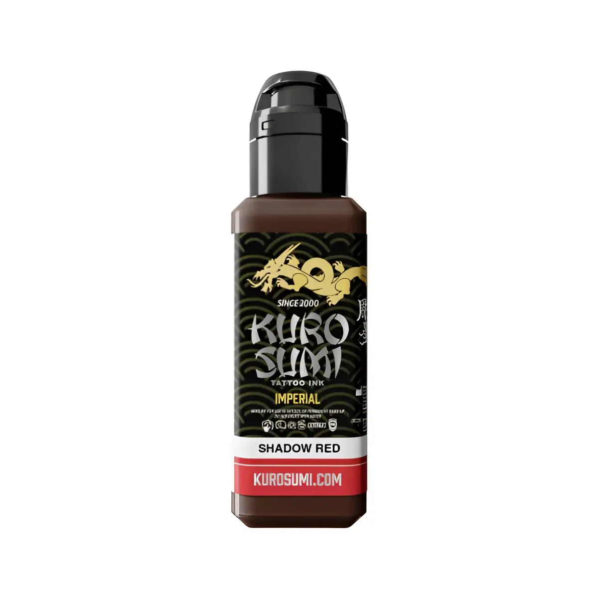 Kuro sumi Imperial Tattoo-Farben in Shadow Red in einer eleganten schwarzen Flasche mit goldenem Drachen-Branding