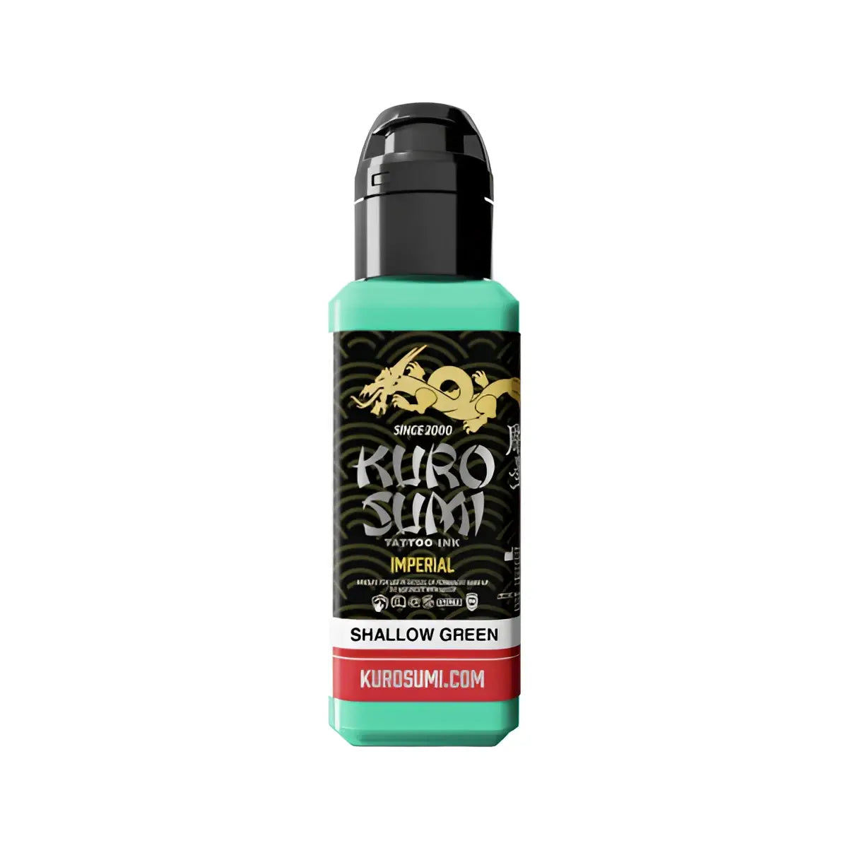 A sleek translucent teal bottle of kuro sumi imperial tattoo Farben in flachem Grün mit schwarzem Deckel und goldenem Drachenlogo