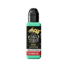 A sleek translucent teal bottle of kuro sumi imperial tattoo ink in shallow green with a black cap and gold dragon logo