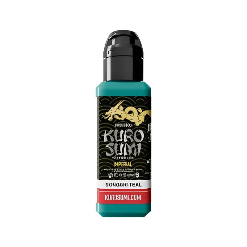 Eine türkisfarbene kuro sumi Imperial Tattoo-Farben-Flasche mit schwarzem Verschluss und goldenem Drachenlogo auf dem Etikett