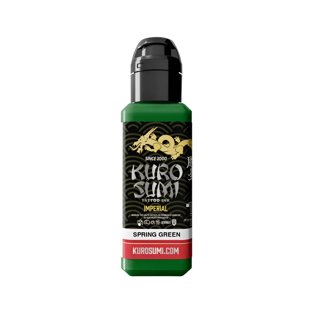 Grüne kuro sumi Imperial Tattoo-Farben-Flasche mit schwarzem Deckel und goldenem Drachenlogo in Frühlingsgrün