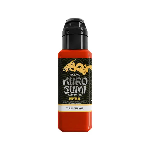 A vibrant orange kuro sumi imperial tattoo ink bottle with black cap and gold dragon logo on dark green label
