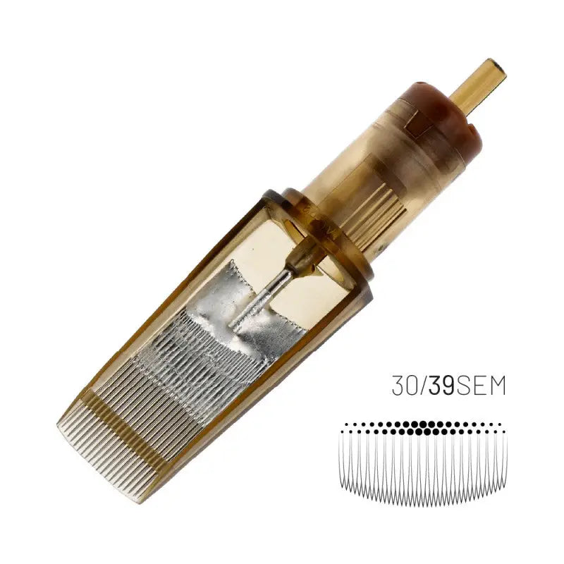 Kwadron cartridges combat curved magnum tattoo needle cartridge transparent amber with silver array and gold tip labeled 30/39sem