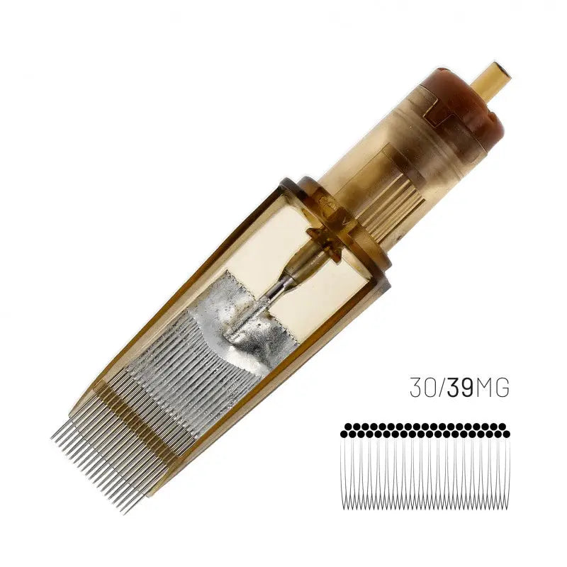 Transparent amber-colored kwadron cartridges combat magnum with metallic silver needles and brown plastic cap tattoo machine needle